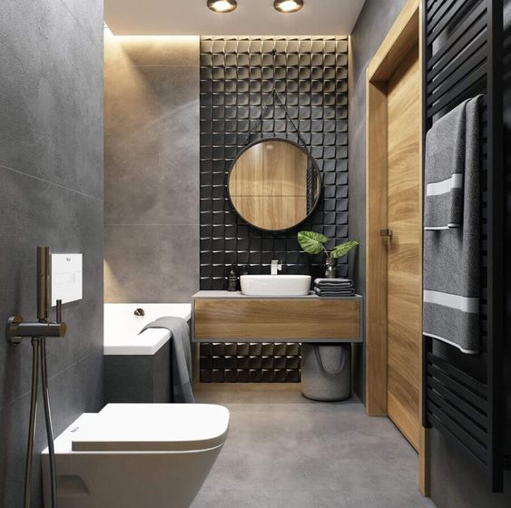 Banheiro moderno na cor cinza e com revestimento preto em 3d.