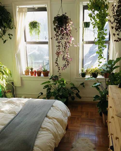 quarto boho com muitas plantas