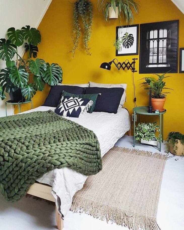 Decoração com plantas e parede amarela.