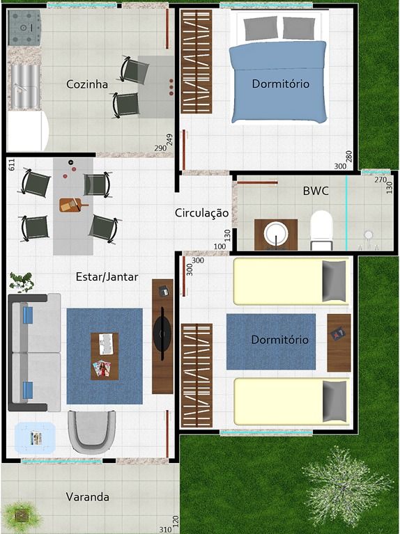 planta de casa com 2 quartos e um banheiro