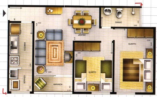 planta de casa com 2 quartos e varanda