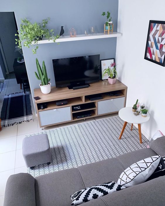 Como decorar uma sala simples com rack de madeira, tapete e vasos de plantas.