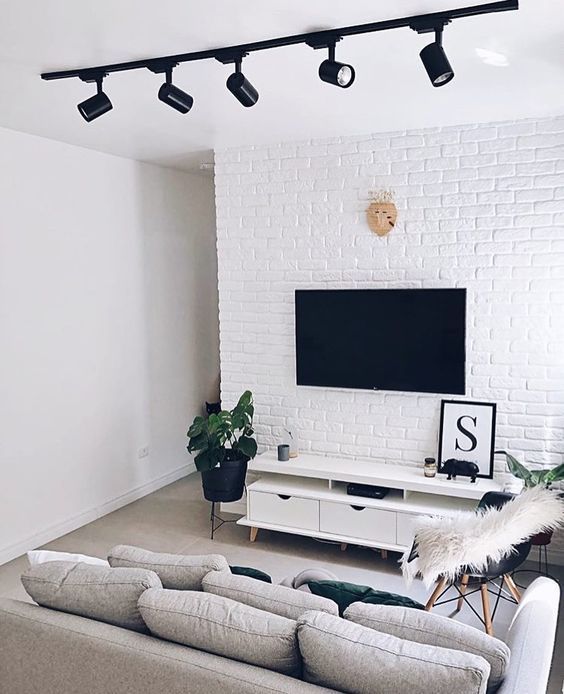 Sala de estar pequena com raque branco com objetos decorativos, plantas grandes ao lado do raque e cadeira preta com pelúcia.