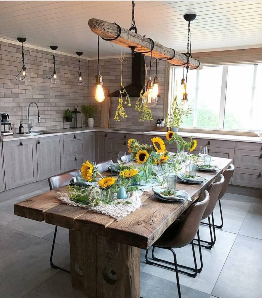 cozinha rústica moderna com mesa de madeira