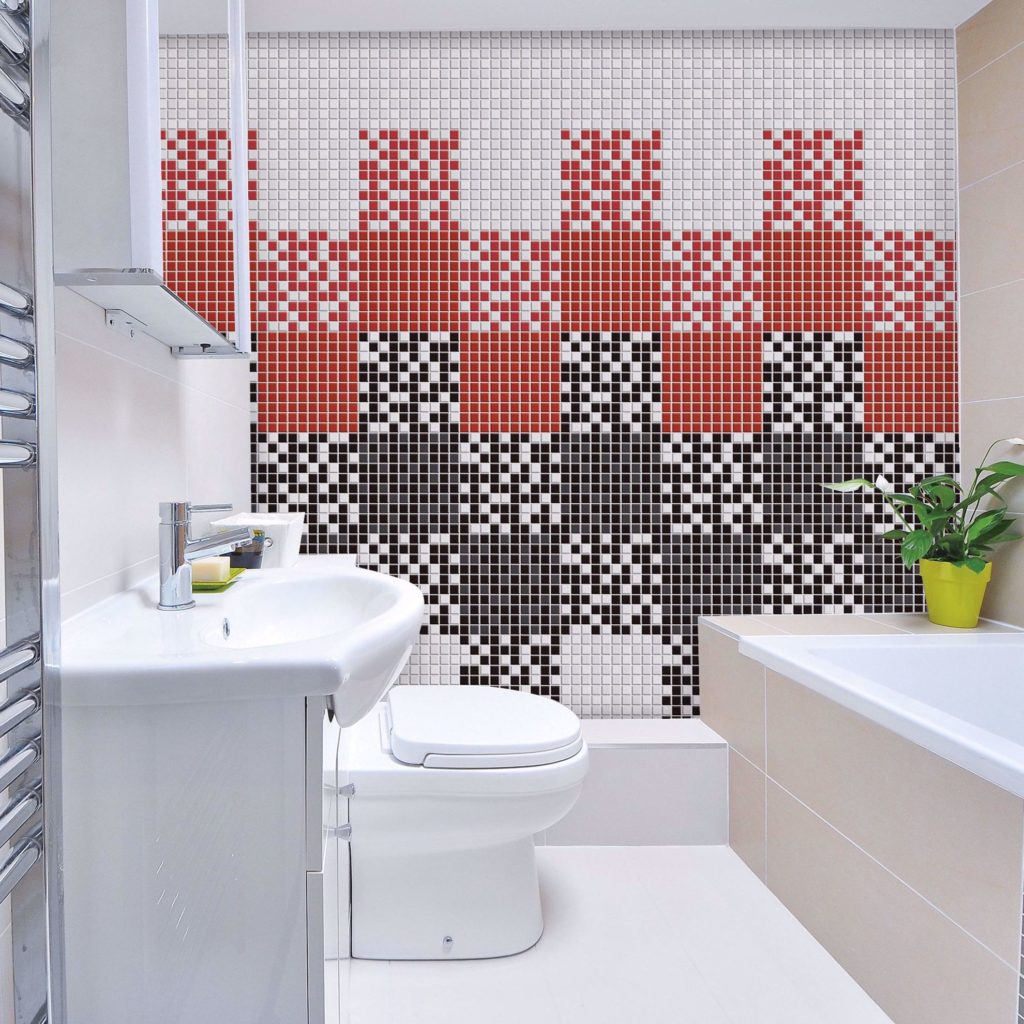 Papel de parede para banheiro com estampa de pastilha preta e vermalha.