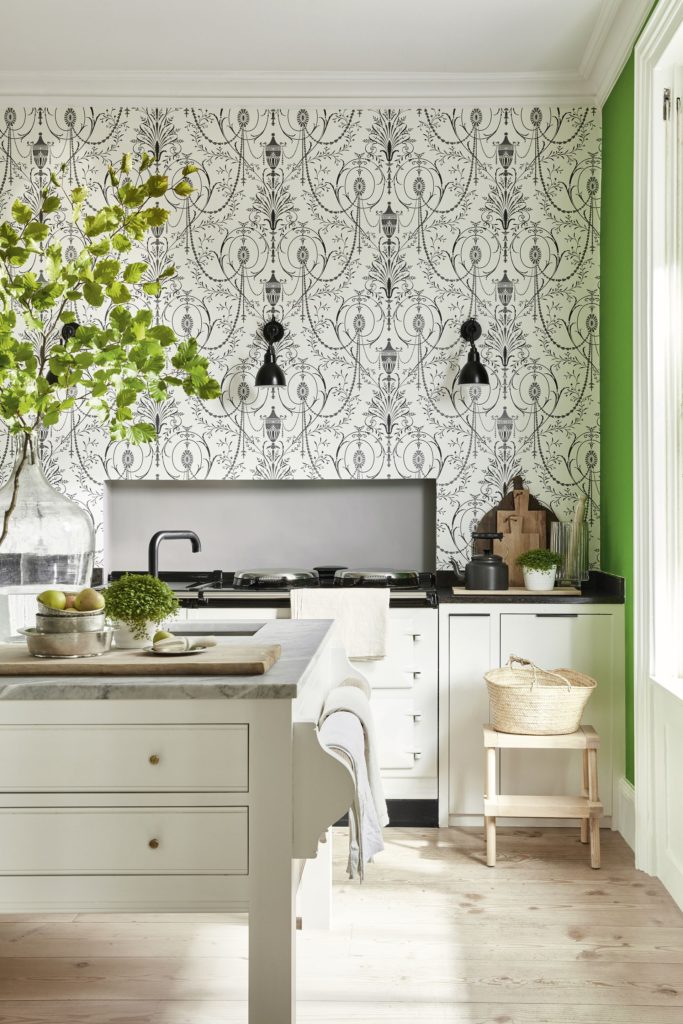Papel de parede para cozinha com estampa clássica e elegante.