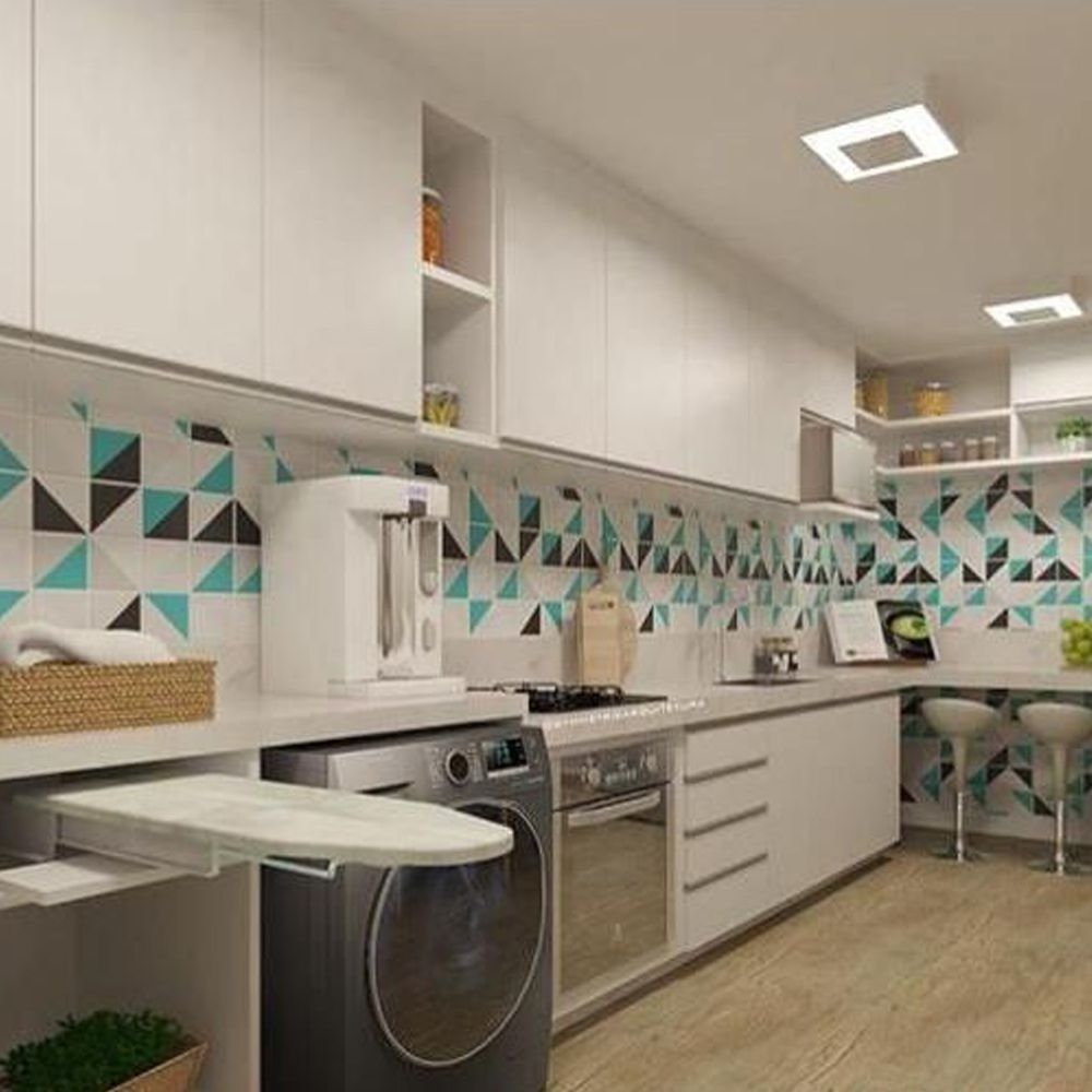 Papel de parede para cozinha com estampa geométrica verde.
