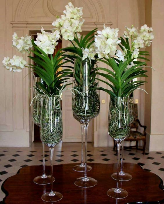arranjo decorativo com orquídeas de floração branca em taças de cristal