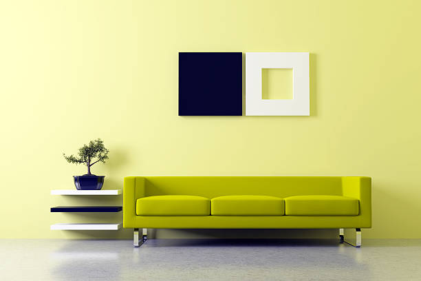 sala minimalista cores verde, amarelo, azul e branco